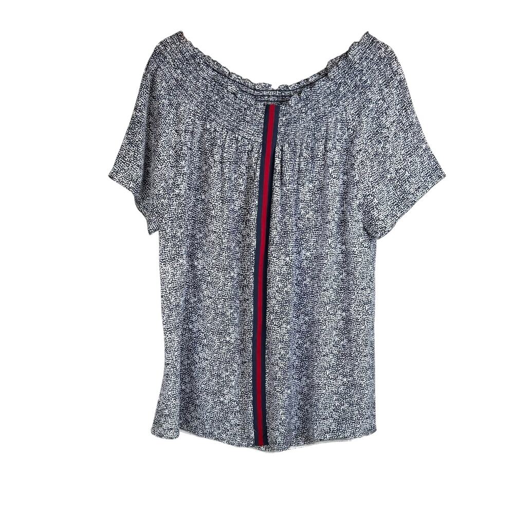 Rungolee Gray & White Print Center Stripe Smocked Off the Shoulder Mini Dress - Picture 8 of 12